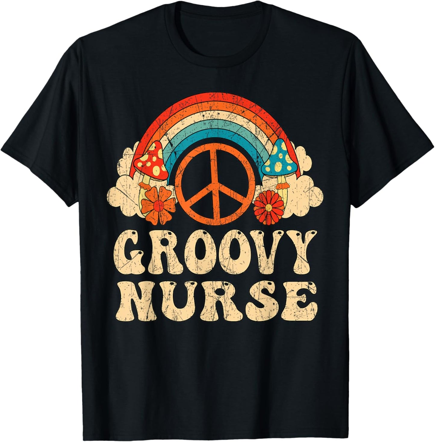 Groovy Nurse 70s Aesthetic Nursing 1970's Retro Nurse T-Shirt - T-Shirt | Black
