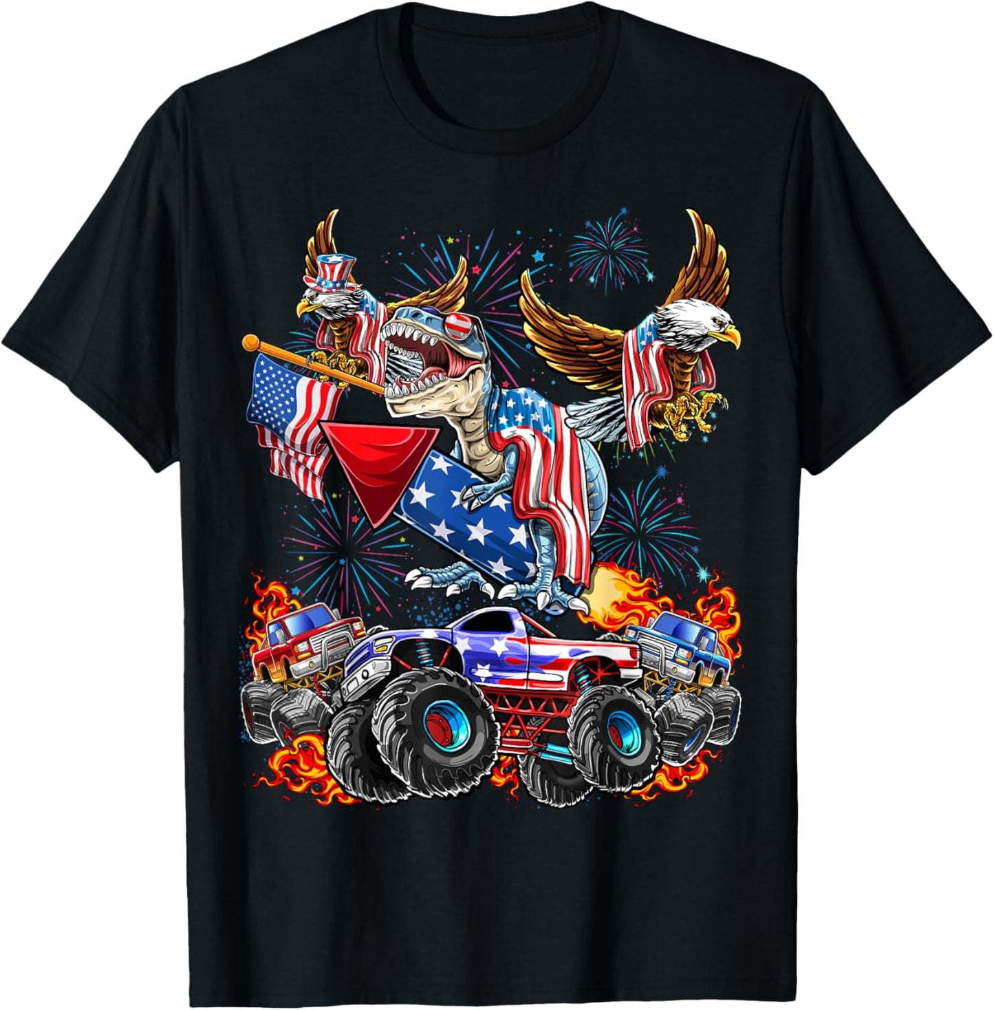 4th of July Dinosaur Monster Truck Bald Eagle American Flag T-Shirt - T-Shirt | Black