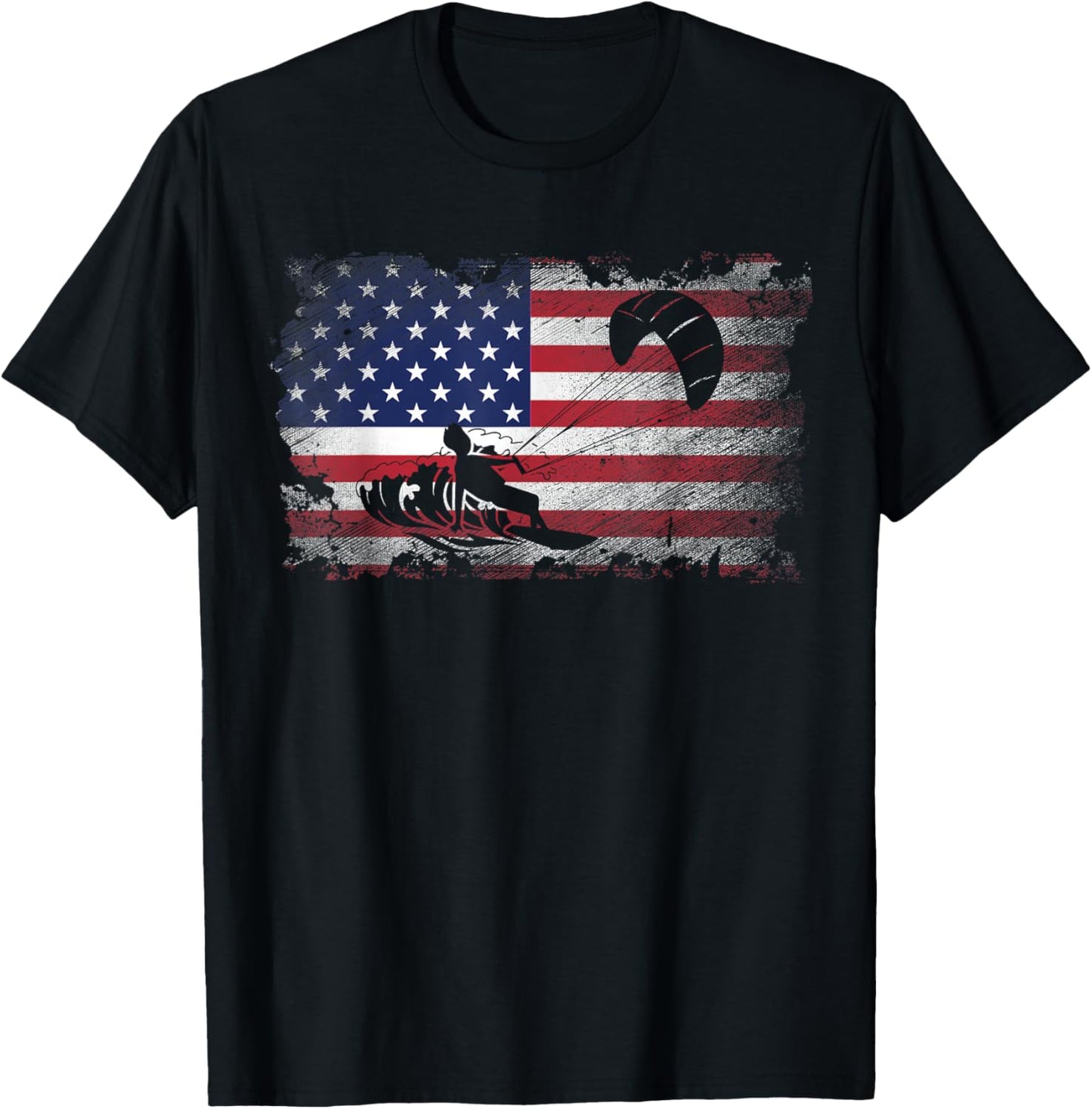 Distressed American Flag Kiteboarding USA Patriotic Gift Women Kids Men T-Shirt - T-Shirt | Black