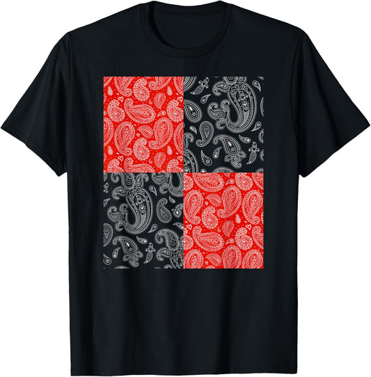 Red Paisley, Bandana Style T-Shirt - T-Shirt | Black