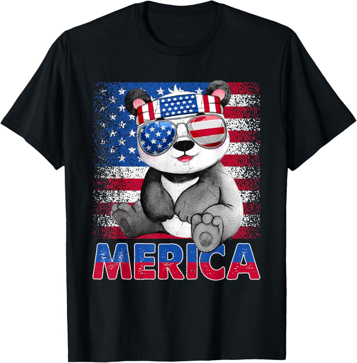 Funny Merica Panda Bear With USA Flag Headband 4th Of July T-Shirt - T-Shirt | Black