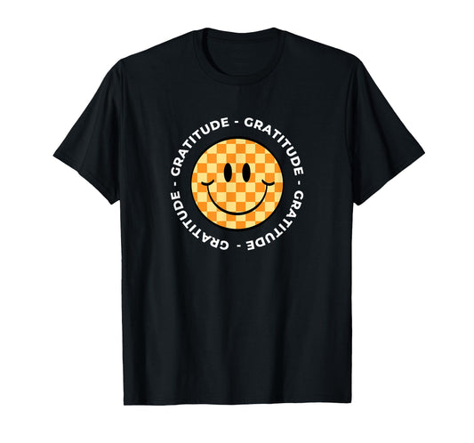 MATTER OF VIBES Gratitude Retro Groovy Unisex-Adults & Unisex-Kids T-Shirt Black Small Short Sleeve Checkered Retro T-Shirt
