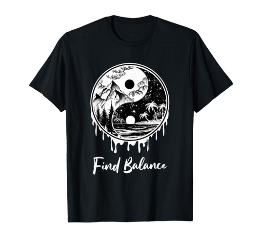 Yin Yang Find Balance Symbol Nature Night Day Mountain Beach Men Women T-Shirt