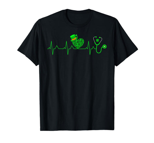 Shamrock Heartbeat Stethoscope Scrub Nurse St Patricks Day T-Shirt