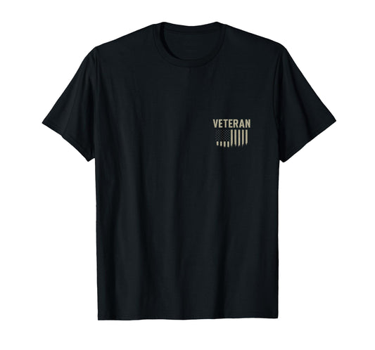 Veteran Pocket Emblem Distressed USA Flag Printed on Back T-Shirt