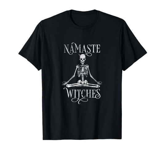 Womens Distressed Halloween Yoga Skeleton Namaste Witches T-Shirt