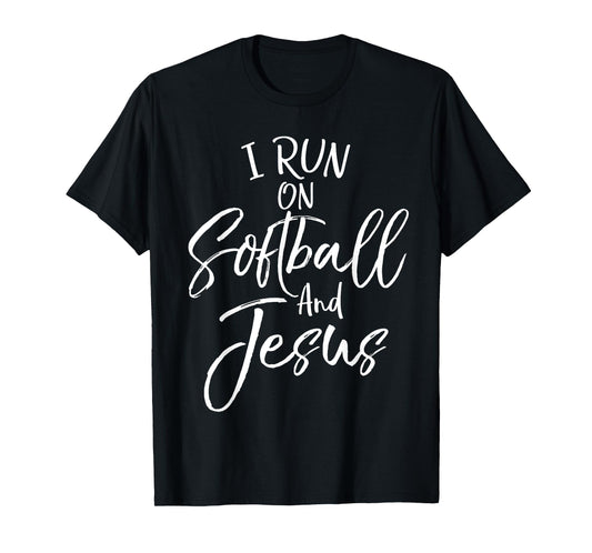I Run on Softball and Jesus Shirt Fun Cute Christian Tee