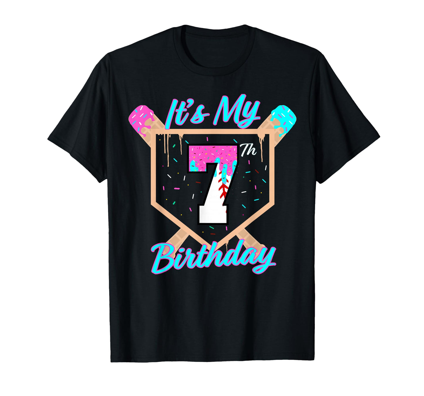 Baseball 7 Year Old Ice Cream Drip 7th Birthday Boy Number 7 T-Shirt