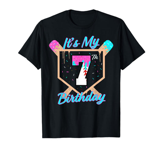 Baseball 7 Year Old Ice Cream Drip 7th Birthday Boy Number 7 T-Shirt