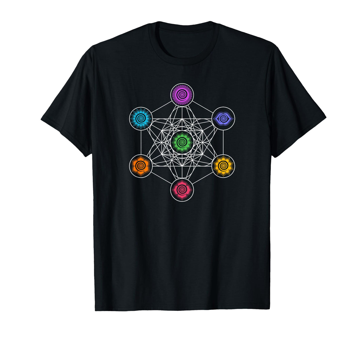 Sacred Geometry Yoga Metatrons Cube Rainbow Chakras T-shirt T-Shirt