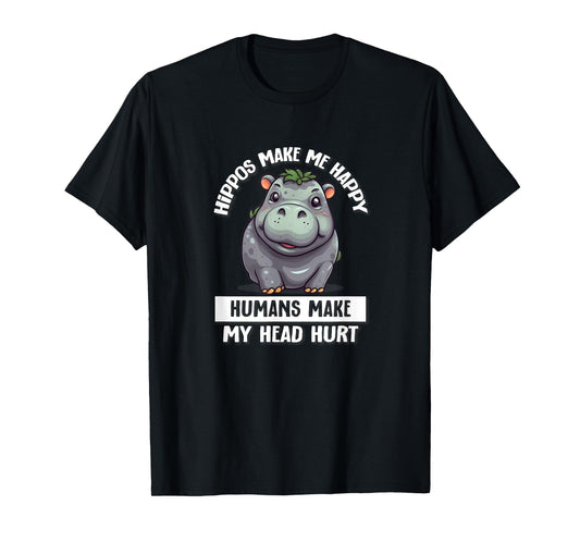Hippo Gifts Shirts & Hoodies Hippo T-Shirt Women's Black Cartoon Hippo T-Shirt Casual T-Shirt S