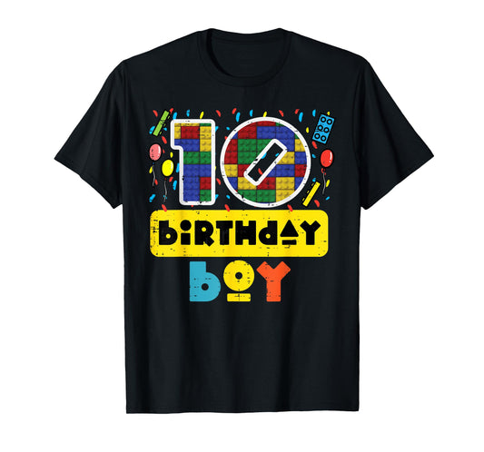 10 Birthday Boy Building Blocks 10th Bday Party Boys Kids T-Shirt