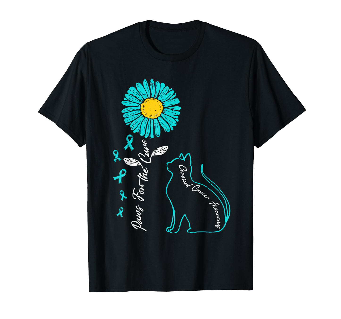Cervical Cancer Awareness Cat Kitty Ribbon Teal Support T-Shirt