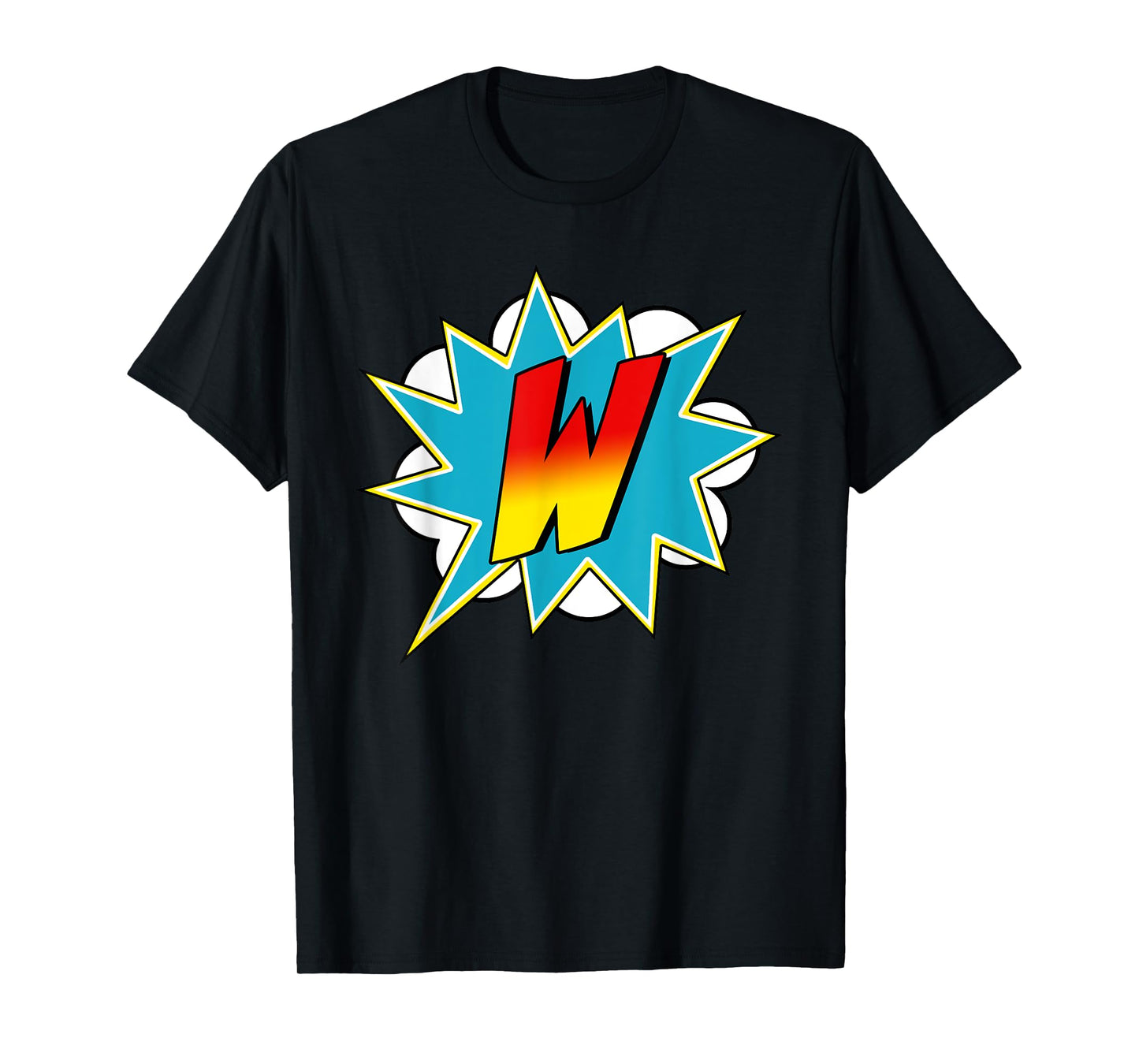Letter Superhero Name Comic Costume T-Shirt - Black W Superhero Comic Design - Unisex Kids & Adults - Short Sleeve - Medium Size