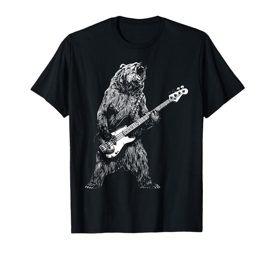 Bear Playing Bass Guitar Shirt for Men Animal Playing Guitar T-Shirt
