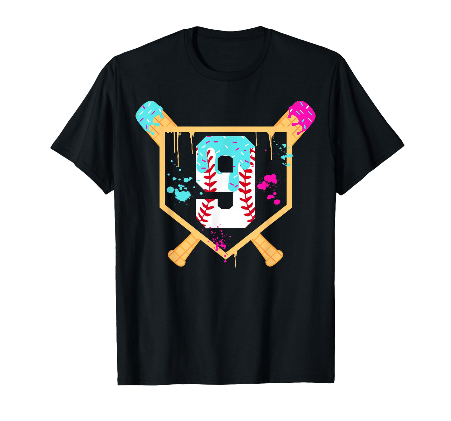 Baseball 9 Year Old Ice Cream Drip 9th Birthday Boy 9 T-Shirt