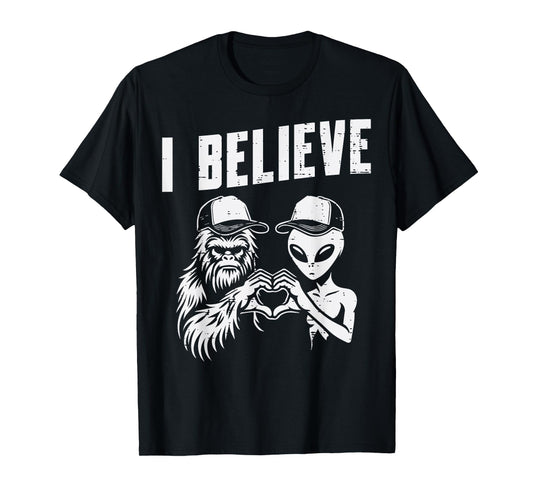 Bigfoot Alien Heart Hand I Believe Sasquatch Women Men Kids T-Shirt