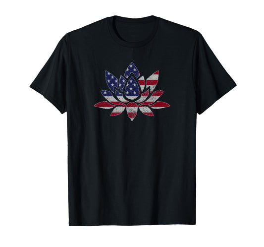 Patriotic USA Flag Lotus Flower Yoga Meditation July 4th T-Shirt for Women Men