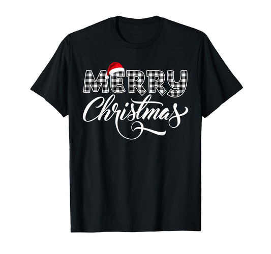Merry Christmas Buffalo Black and White Plaid for Men Women T-Shirt