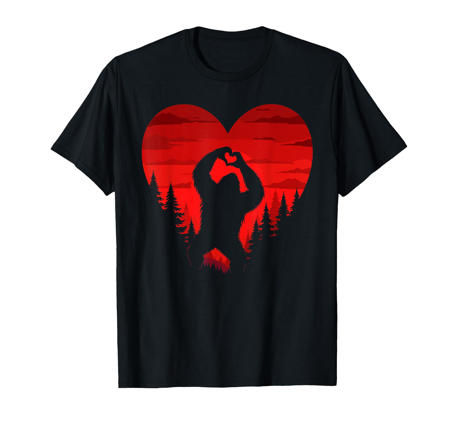 Bigfoot Heart Valentine Day Sasquatch Retro Landscape Forest T-Shirt