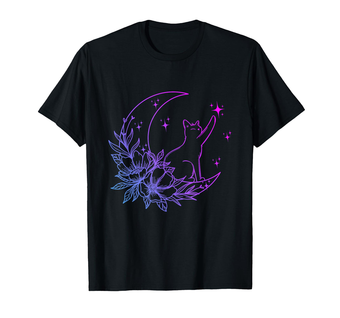 Cat Sitting On Crescent Moon Flowers Stars Women Girls Kids T-Shirt