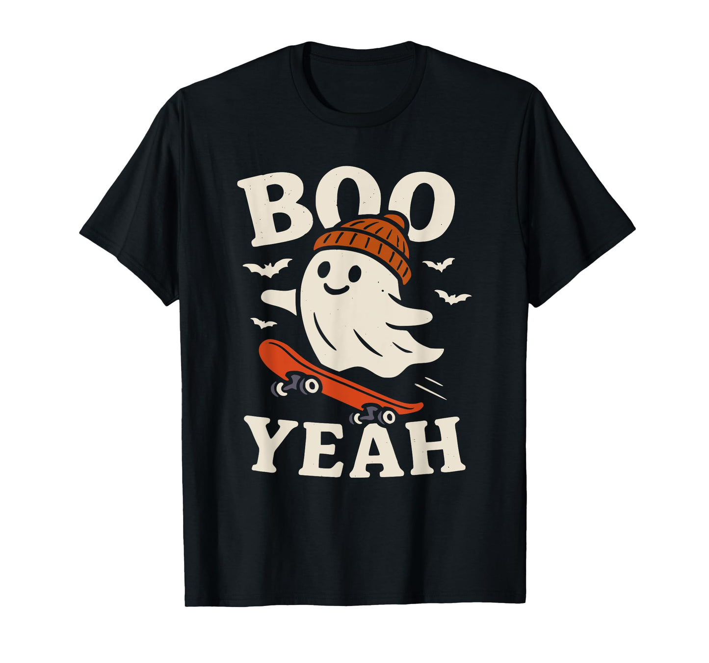 Boo Yeah Funny Ghost in Beanie Skateboard Halloween Art T-Shirt