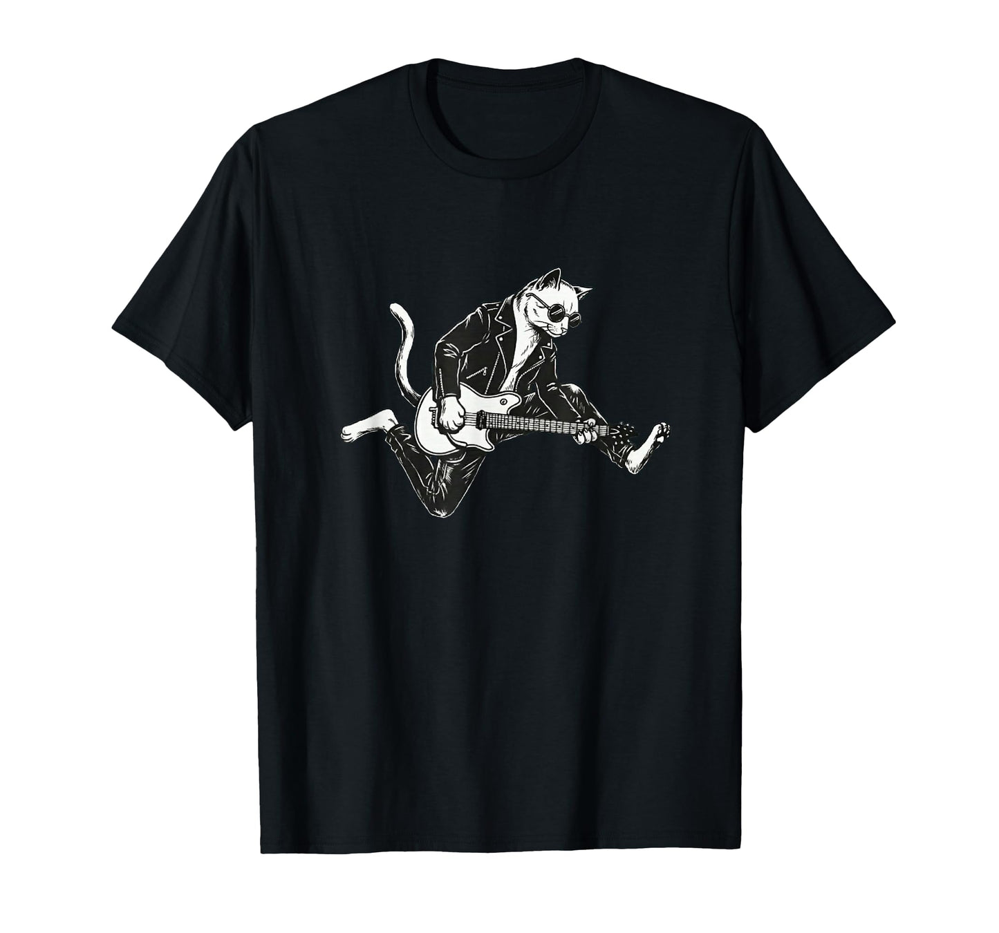 Punk Rock Cat Playing Electric Guitar Funny Musician T-Shirt