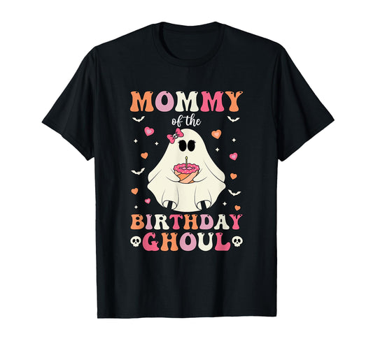 Mommy Of The Birthday Ghoul Groovy Halloween Ghost 2024 T-Shirt