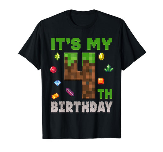 Birthday Boy It's My 4th Birthday 4 Year Old Pixel Gamer T-Shirt