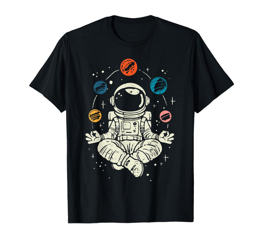 Meditating Astronaut Planets Space Yoga Lotus Kids Men Women T-Shirt