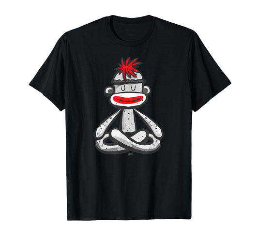 Sock Monkey in Seated Lotus Yoga Pose Cute Mindfulness Asana T-Shirt