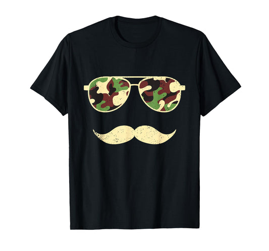 Camo Sunglasses Mustache Funny Retro Camo Veterans Day T-Shirt