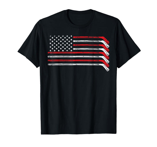 Ice Hockey Sticks US Flag Patriotic Player Men Boys Kids T-Shirt