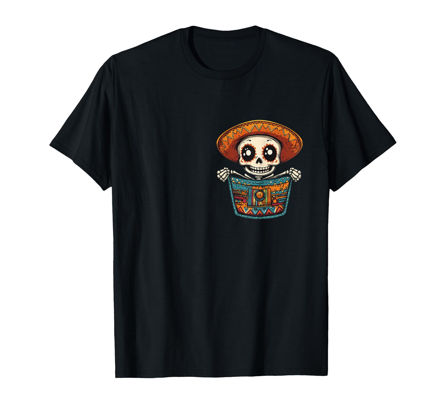 Pocket Cinco De Mayo Serape Party Skeleton Mariachi Mexican T-Shirt