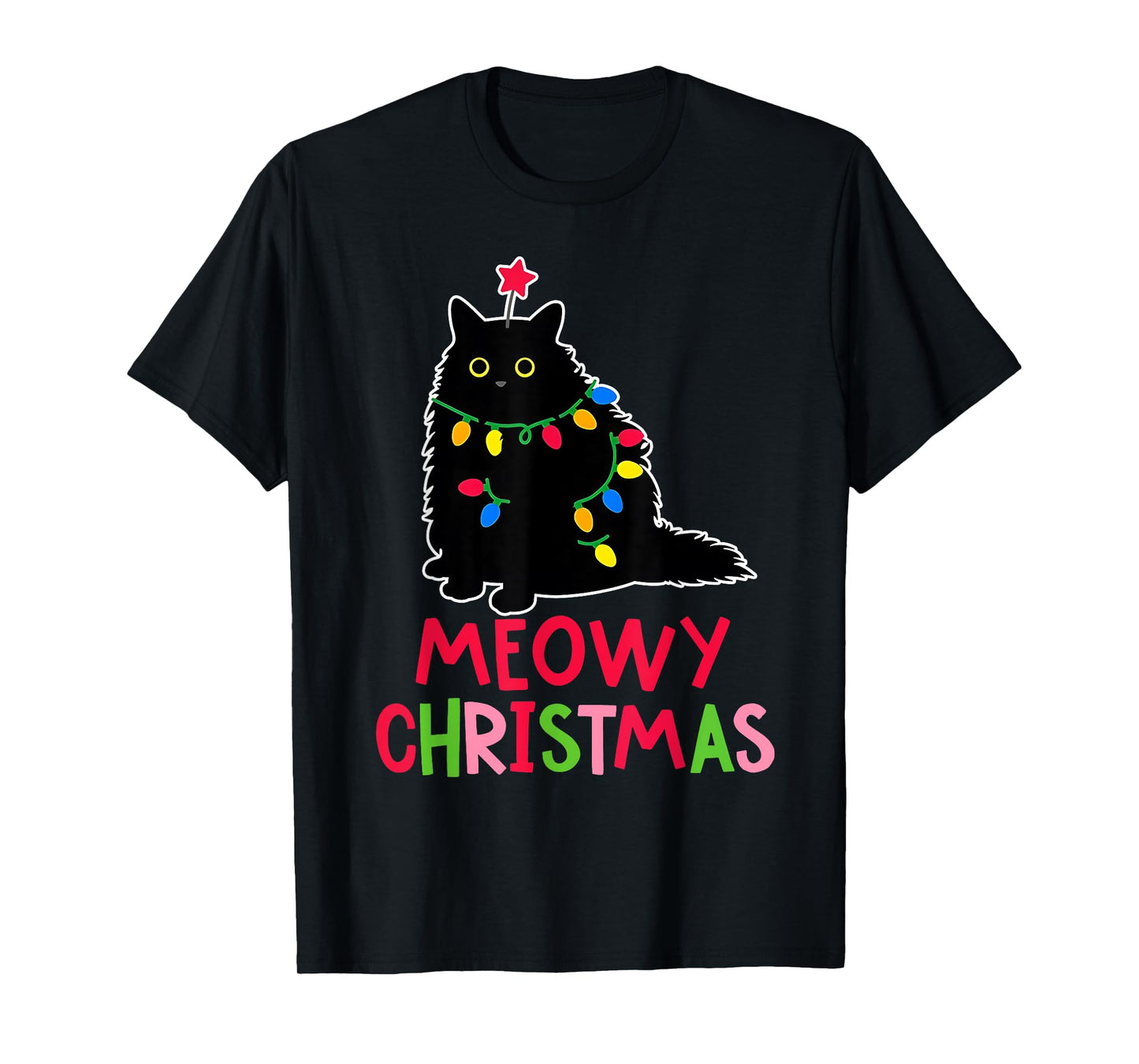 Meowy Christmas Xmas Lights Black Cat Pajamas Family Funny Men Women Kids T-Shirt