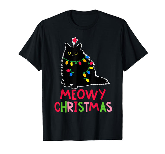 Meowy Christmas Xmas Lights Black Cat Pajamas Family Funny Men Women Kids T-Shirt