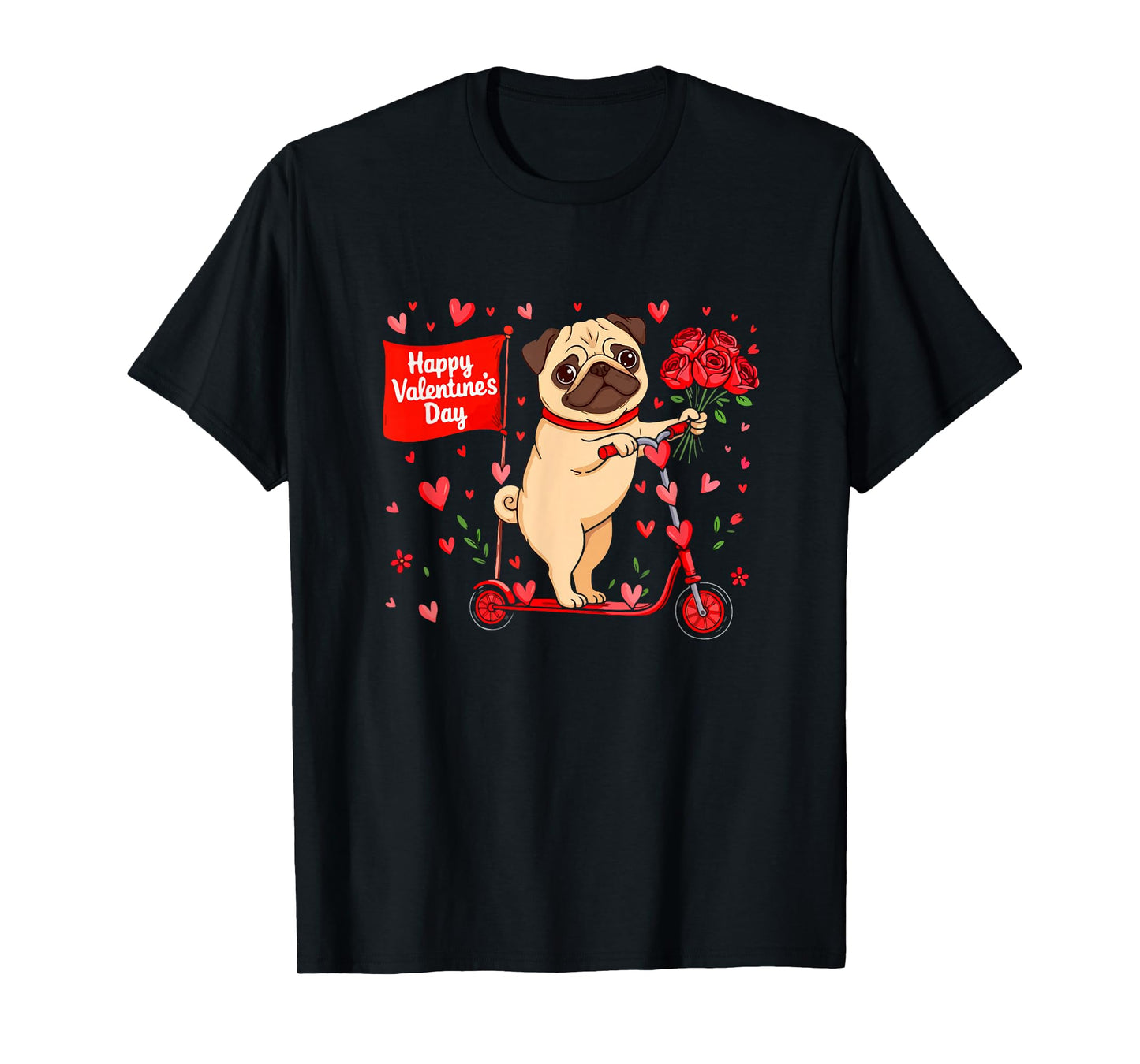 Happy Valentine's Day Pug Riding Scoter Floral Owner Kids T-Shirt