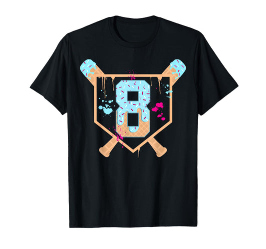 Baseball 8 Year Old Ice Cream Drip 8th Birthday Boy Number 8 T-Shirt