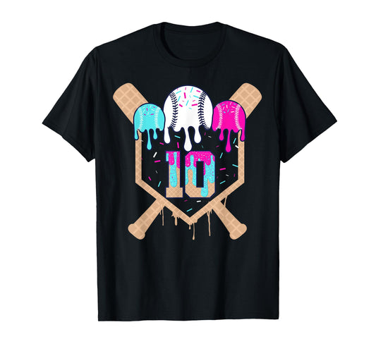 Baseball 10 Year Old Ice Cream Drip 10th Birthday Number 10 T-Shirt