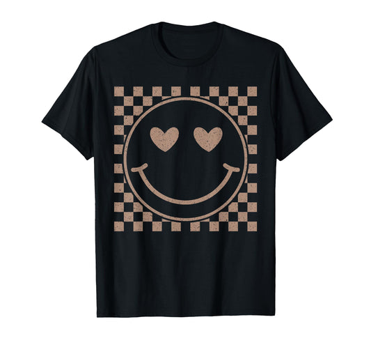 Retro Happy Face Checkered Pattern Smile Face Trendy T-Shirt