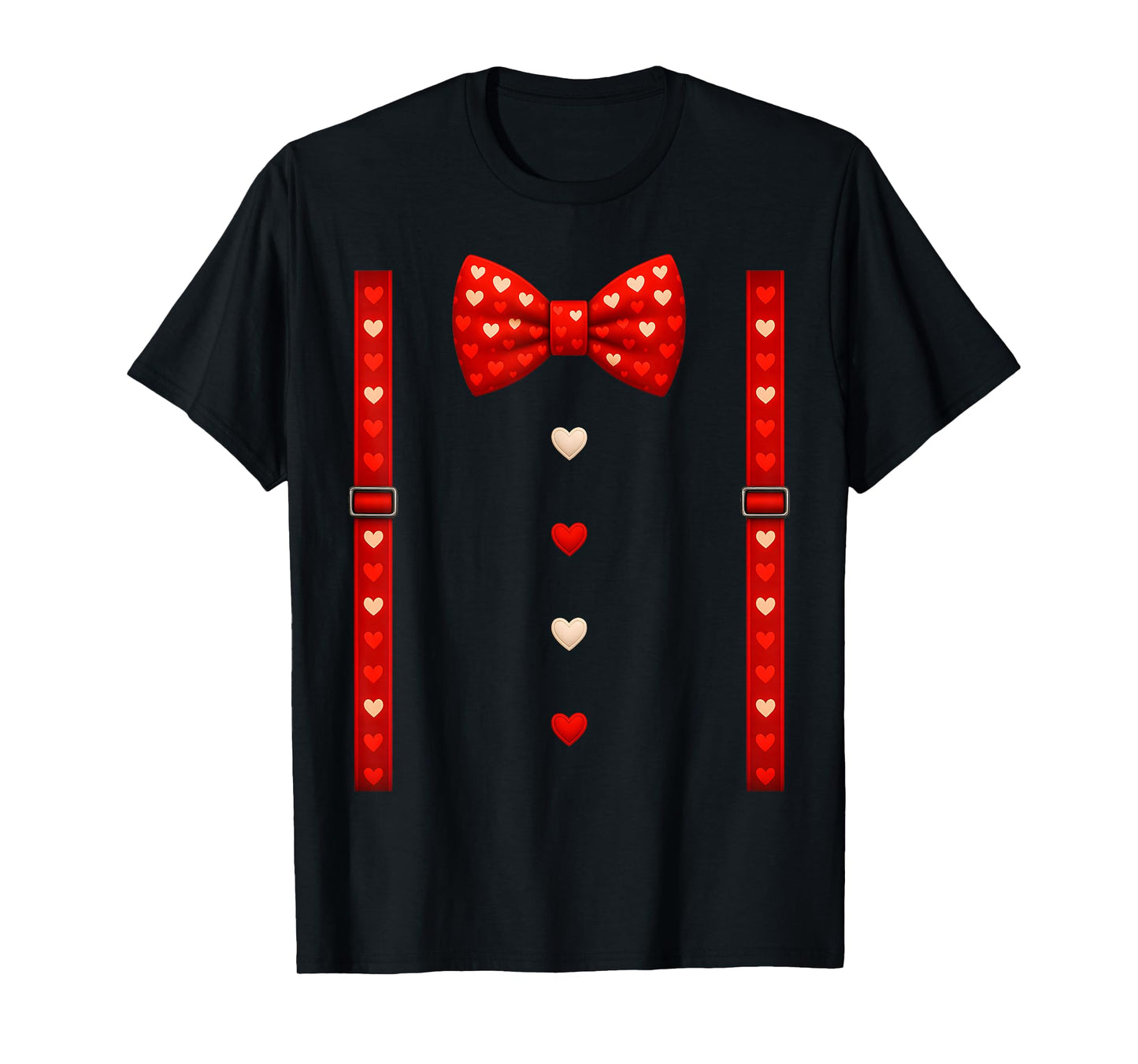 Valentine Red Hearts Bow Tie Suspenders Costume Mens Boys T-Shirt