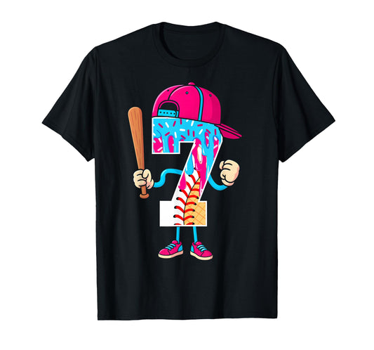 Baseball 7 Year Old Ice Cream Drip 7th Birthday Boy Number 7 T-Shirt