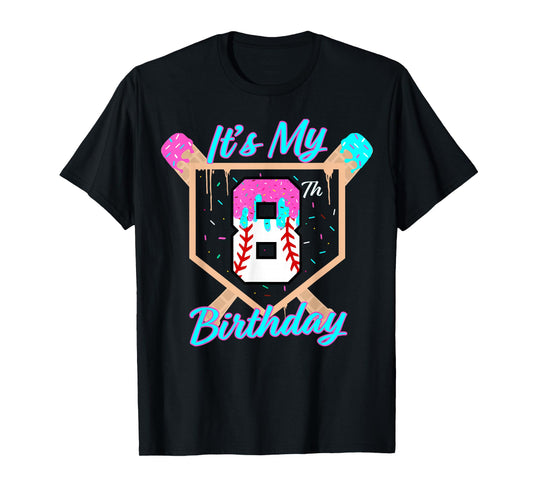 Baseball 8 Year Old Ice Cream Drip 8th Birthday Boy Number 8 T-Shirt