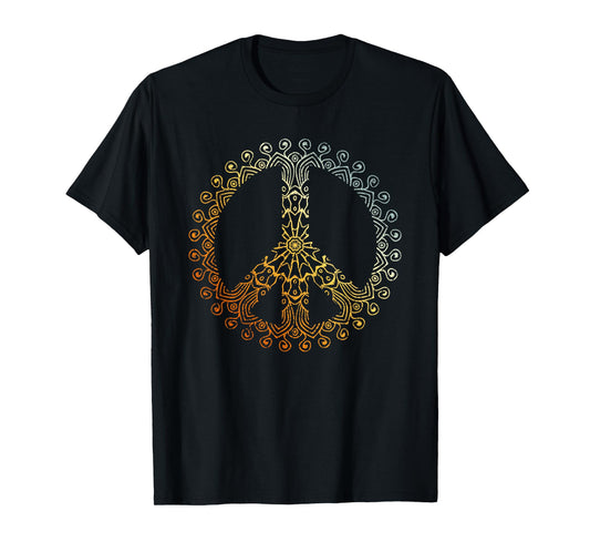 Sunny Neutral Boho Yoga Ornate Mandala Peace Sign Hippie T-Shirt