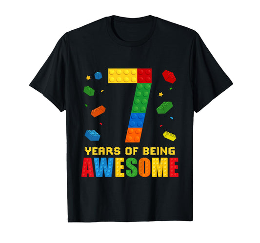 Kids 7 Year Old Birthday Boy Being Awesome Building Bricks 7th T-Shirt