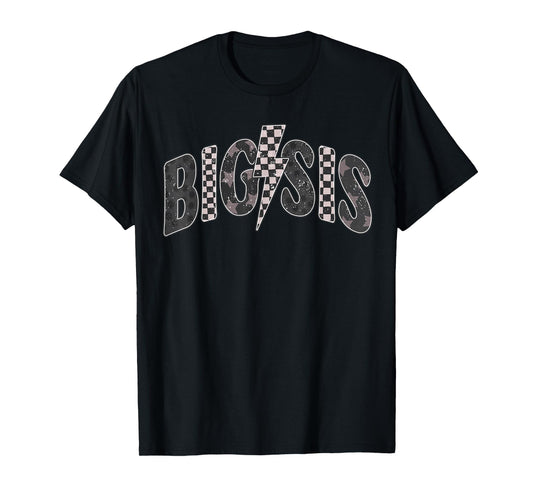 Checkered Big Sis New Sister Announcement Lightning Bolt T-Shirt
