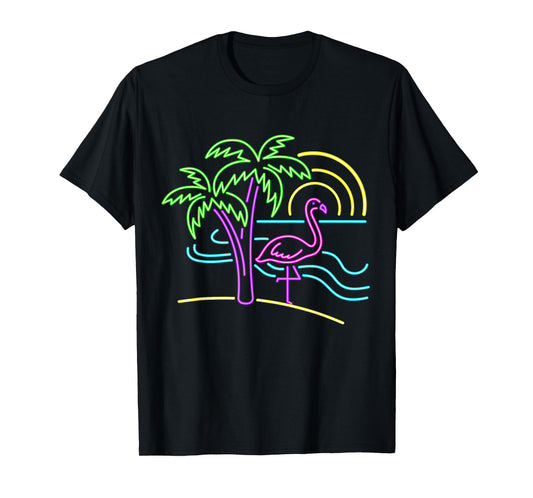 Vintage 80s Pink Flamingo Palm Tree Summer Vacation Beach T-Shirt