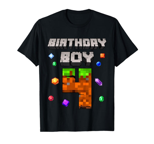 Kids 4th Birthday Boy 4 Video Gamer Pixel Number Four Bday Party T-Shirt