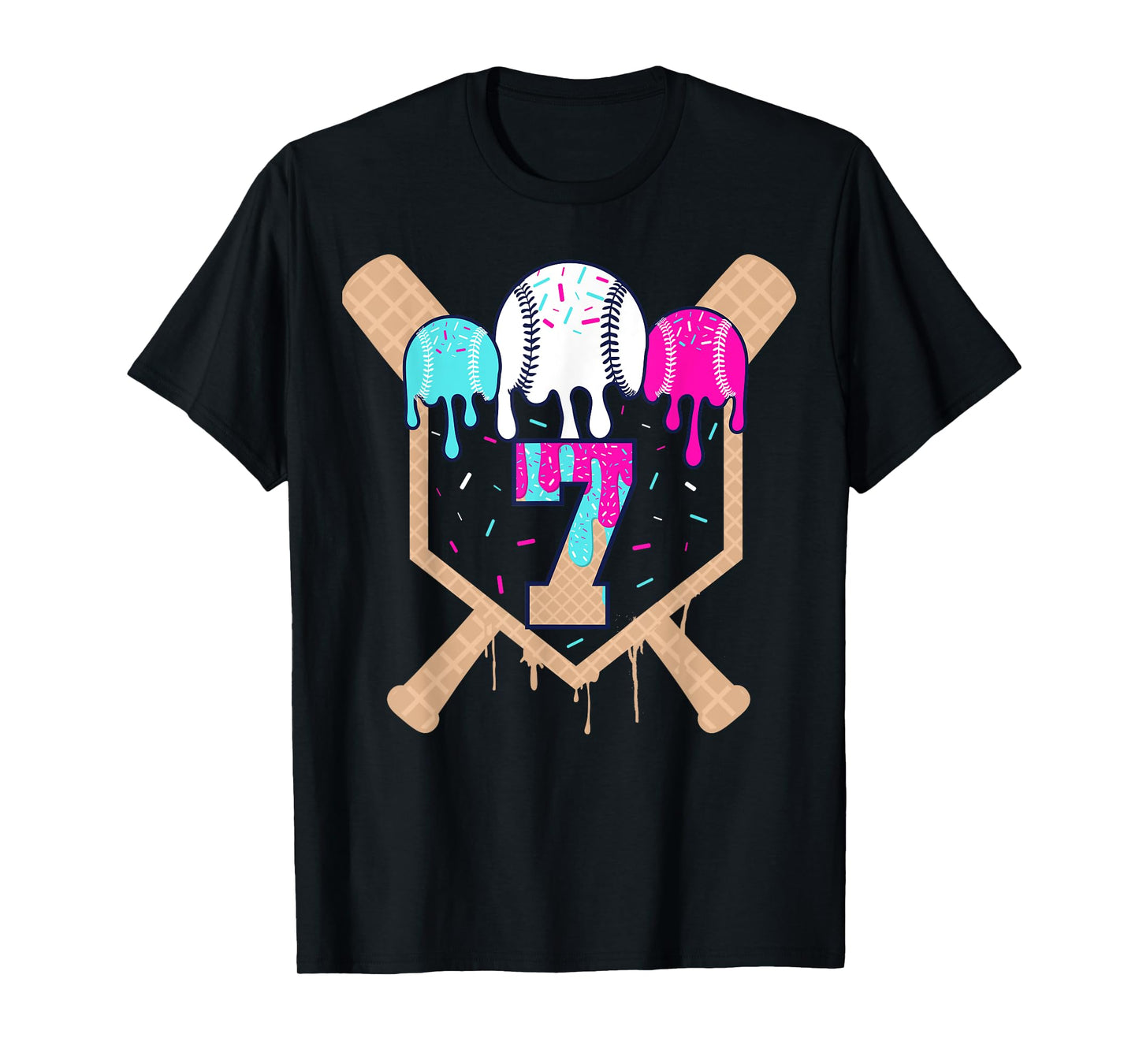 Baseball 7 Year Old Ice Cream Drip 7th Birthday Boy Number 7 T-Shirt