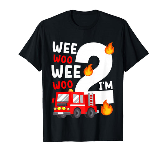 Kids Wee Woo I'm 2 Years Old Red Fire Truck Boys 2nd Birthday T-Shirt